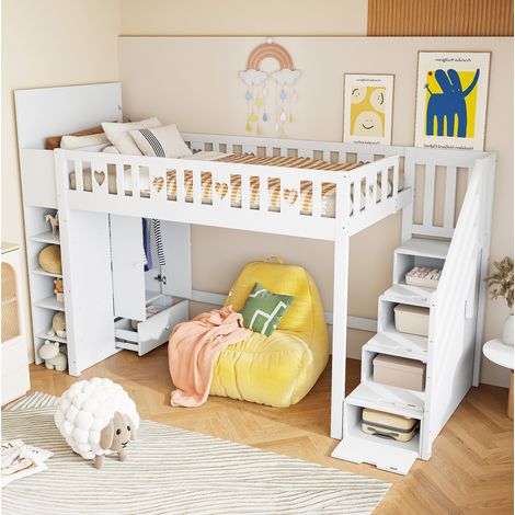Letto a Soppalco 90x200 cm con Scala Contenitore Bianca (1/5)
