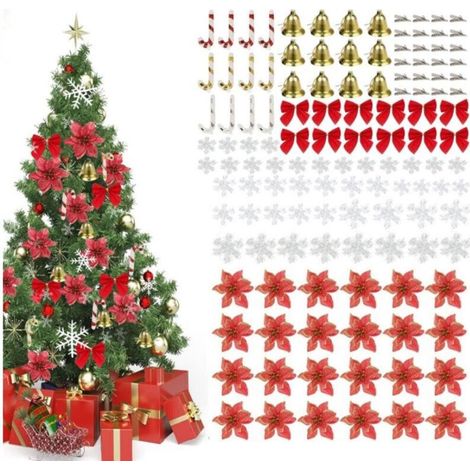 Christmas decorations, 120 pieces, including 24 flowers, 24 clips, 12 bows, 12 bells, 12 hangers and 36 snowflakes (red). (1/5)