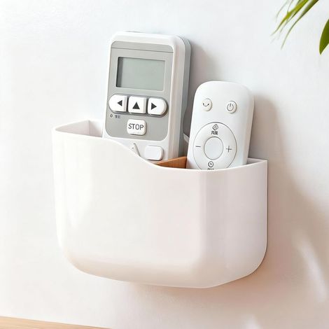 Porte Télécommande Mural Grand, Support Télécommande Auto-adhésif avec 2 Compartiments Réglables, Range Telecommande Multifonction pour Telecommande TV et Chargeur de Téléphone, Blanc (1/4)