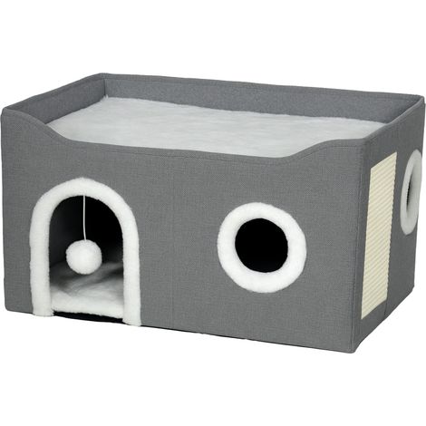 Niche intérieure pliable pour chat avec griffoir, hamac surélevé, entrées, jouet suspendu, coussin réversible, 60x40x34 cm, gris (1/5)