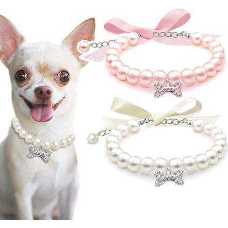 Collar para mascotas de 2 piezas, collar de perlas, collar para mascotas, con lazo, lindo y elegante, rosa y blanco, 20 cm de largo (1/5)