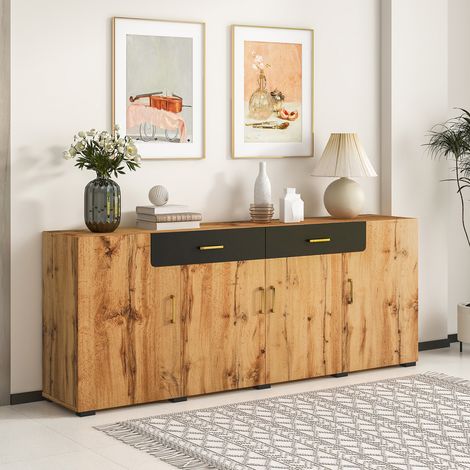 Modernluxe – Buffet 200cm MDF naturel et noir – 4 portes et 2 tiroirs – Design moderne minimaliste – 10 pieds en bois pour durabilité (1/7)
