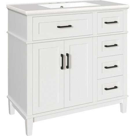 Tocador con lavabo cerámico integrado, diseño moderno, almacenamiento eficiente, color blanco. (1/2)