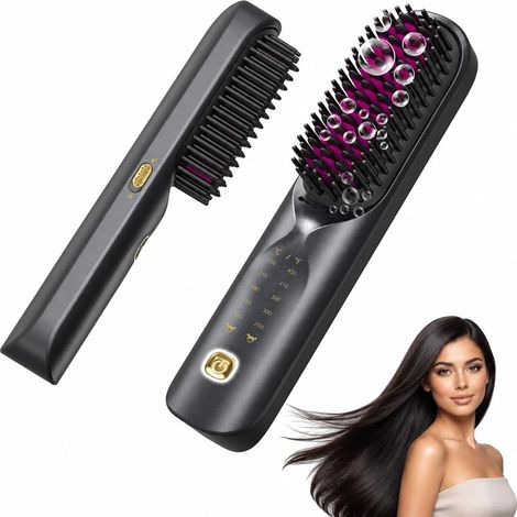 Brosse Lissante pour Cheveux 10000mAh - 3 in 1 Brosse Lissante Sans Fil, Fer a Lisser 300 Millions d'ions Négatifs, Mini Lisseur 30S Chauffage, Céramique Anti-BrûLure, pour Voyage (1/5)