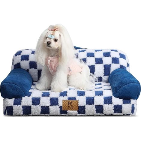 Petit Canapé Panier Chien Dehoussable Lavable 66x37 cm, Lit pour Chien Orthopédique, Panier Chat Moelleux Confortable, Base Antidérapante, Canapé pour Chien avec Accoudoirs et Dossier, Bleu (1/5)