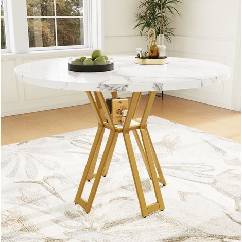 Mesa de comedor redonda 100x100x76 cm blanco y dorado en MDF y metal con patas ajustables (1/5)