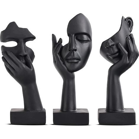 Lot de 3 Statues Noires pour décoration d'intérieur - Visage de Femme - Statue de Collection pour la Maison Moderne (1/5)
