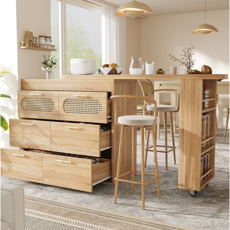 Table de bar pivotante en MDF, 6 tiroirs et façades en rotin PE OKWISH (1/5)
