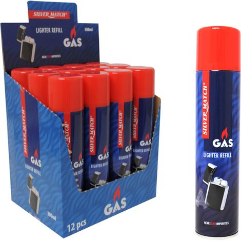 12x Feuerzeuggas 300 ml Butan Gas zum Nachfüllen Feuerzeug Gas Universal inkl 6 Adapter, Nachfüllgas 12x300ml (1/4)
