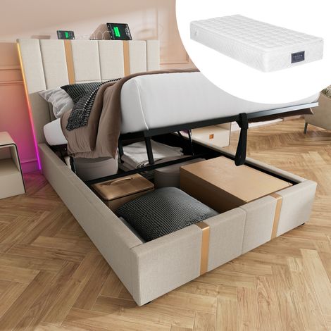 FLORAGRACE Lit coffre 90x200 cm en tissu beige, avec LED RGB, ports USB et USB-C, tête de lit chargeur (1/5)
