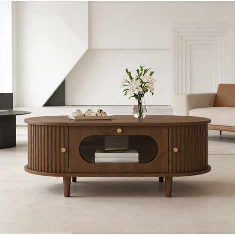 Mesa de centro de MDF acabado nogal 100 x 50 cm con 1 cajón y puertas enrollables (1/5)
