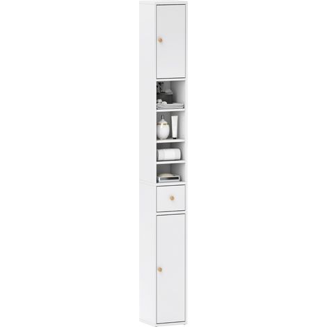 Colonna Bagno Salvaspazio con 2 Armadietti, 3 Ripiani Aperti e Cassetto, in Legno, 20x20x178 cm, Bianco (1/5)
