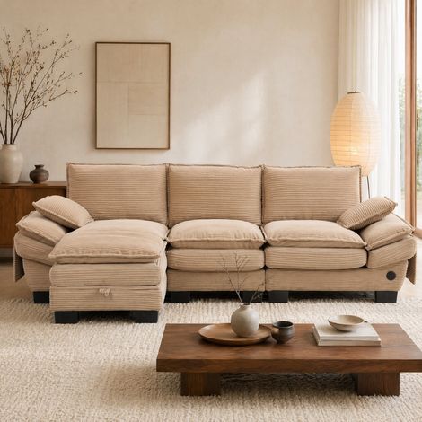 Sofá modular de 3 plazas con puff de pana beige OKWISH (1/5)