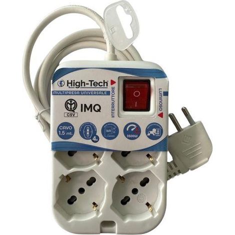 HIGH-TECH MULTIPRESA SQUARE UNIVERSALE 4 POSTI CON INTERRUTTORE P40 16A 250V MAX 3500 W CAVO 3G1.0MM2X1.5M BIANCA