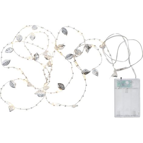 Guirlande lumineuse décorative Star Trading 'Leaf', piles + minuteur, argent, 20 LED gouttes de rosée et feuilles et perles, blanc chaud, L 200 cm