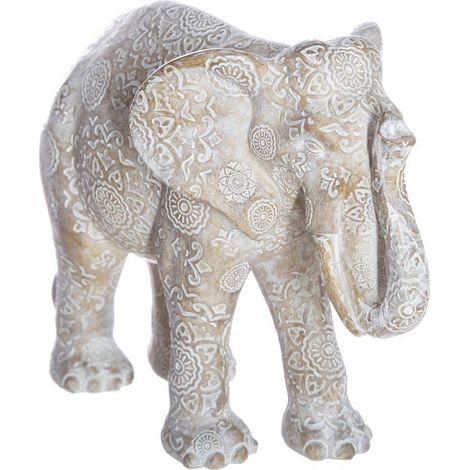 Atmosphera – Statuette éléphant en résine beige 15cm – Motifs fleuris – Fini imitant le bois peint – Décoration ethnique chic