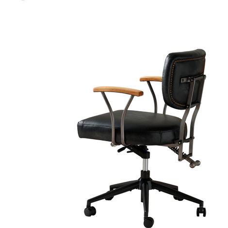 Chaise de bureau en cuir véritable avec accoudoirs en chêne et roulettes, siège ergonomique réglable en hauteur (1/5)
