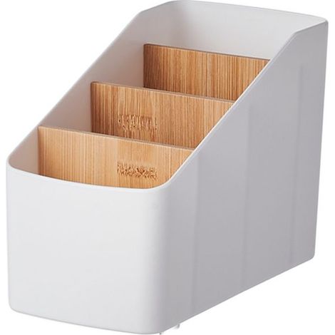 Organizador de 4 compartimentos con control remoto, soporte multimedia, caja de almacenamiento multifuncional de madera para escritorio con puerta, para TV, controlador multimedia y brocha de maquilla (1/4)