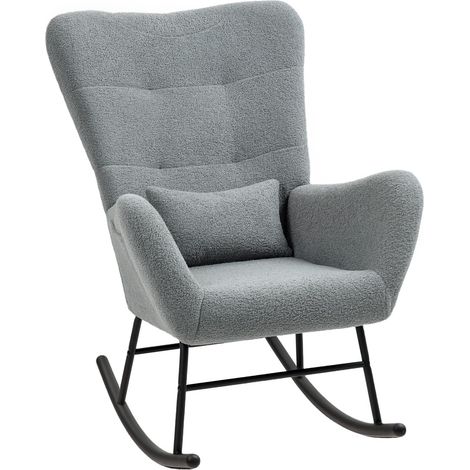 Schaukelstuhl, Schaukelsessel mit Teddystoff-Optik, Armlehne, Stillsessel mit Holzkufen, Lendenkissen, Relaxsessel mit Seitentasche für Wohnzimmer, Schlafzimmer, Grau Aosom