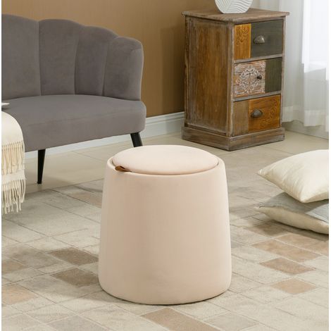 Pouf rond coffre beige effet velours avec couvercle amovible Ø44 x 47,5 cm OKWISH (1/5)