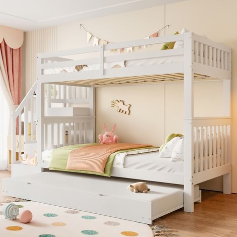 Letto a castello 90/200 cm bianco con letto estraibile, scala con ripiani e sponde alte (1/5)