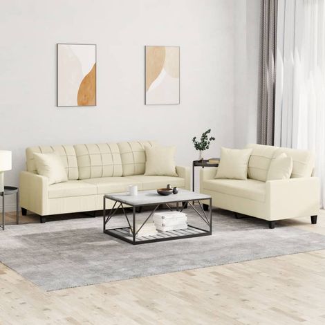 2-tlg. Sofagarnitur mit Kissen Creme Kunstleder (1/5)
