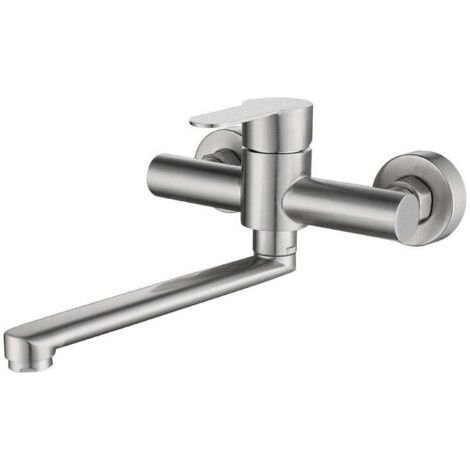 QORVA-Robinet mural cuisine inox 304 – Pivotant 360° pour évier double bac – Mousseur anti-éclaboussures – Économie d'eau jusqu'à 30%