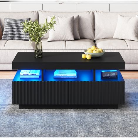 Table basse 100x50x45 cm noire en panneau de particules avec 2 tiroirs, niche ouverte et éclairage LED (1/5)