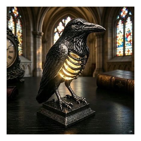 New Raven Skeleton Lamp Halloween Resin Decorative Table Raven Skeleton Lamp - Button Battery Model