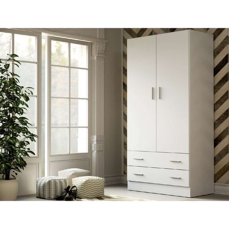 Armario ropero 2 puertas abatibles 2 cajones Lorena acabado blanco, 230cm(alto) 100cm(ancho) 50cm(largo) (1/2)