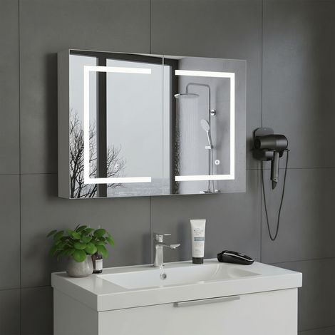 Armoire murale salle de Bain Double porte 80x16x60 cm avec Miroir et éclairage LED, Miroir lumineux (1/5)