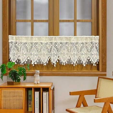 Valance rustique en dentelle au crochet pour cuisine et petite fenêtre, rideau transparent à pompon style ferme, avec poche pour tringle, 1 panneau, W35×L15 pouces, blanc. (1/4)