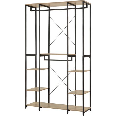WOLTU Perchero Armario Perchero Burro Ropa Perchero Zapatero con 6 Estante Multiusos Fuerte Metal y Madera Perchero de Estilo Industrial Roble Claro+Negro (1/5)