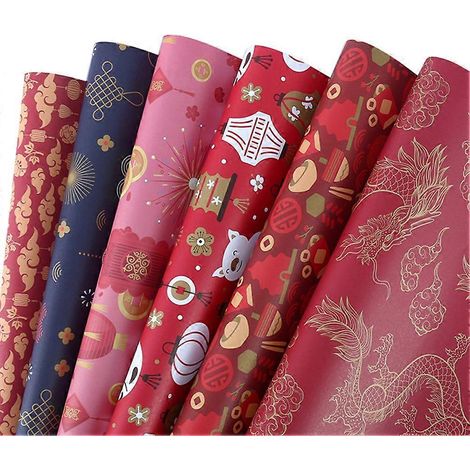Lot de 6 feuilles de papier cadeau rouge à faire soi-même pour la Fête du Printemps, 70 cm x 50 cm (1/5)