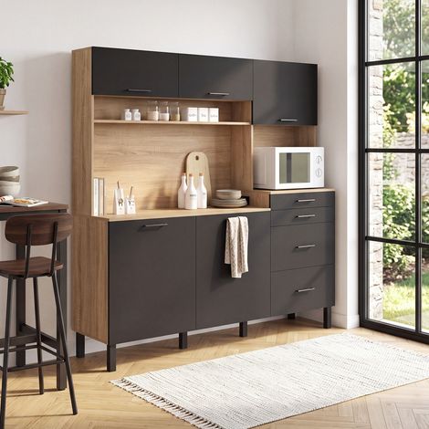 Aparador de cocina con armarios para ollas de 180 cm, modelo CINA, con 5 puertas y 4 cajones, con espacio para microondas y regl (1/5)