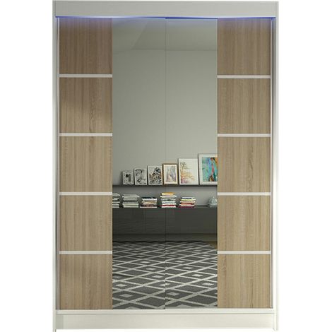 Armoire Closico Salvor V, Blanc + Sonoma chêne, 200x120x58cm, Portes d'armoire: Coulissantes, Nombre d'étagères: 5, LED: Disponible