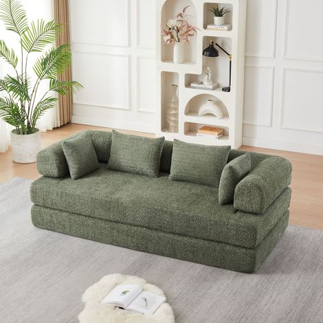 Canapé convertible 2 places 4 en 1 modulable, dossier réglable, sans montage, base antidérapante, 4 coussins, mousse haute élasticité, chenille kaki (1/5)