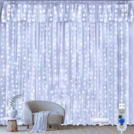 guirlande lumineuse rideau (300 LED) - Lumière blanche froide USB