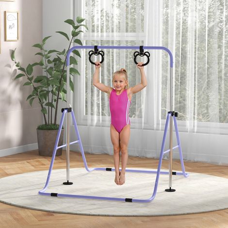 Barre de gymnastique pour enfants, barre horizontale pliable à hauteur réglable et anneaux de gymnastique, violette (1/5)