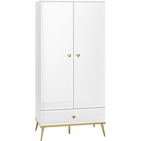 Kleiderschrank Garderobenschrank weiß Hochglanz mit 1 Kleiderstange GUBIN-131 Griffe und Füße goldfarben, B/H/T: ca. 92/190/53 cm (1/5)