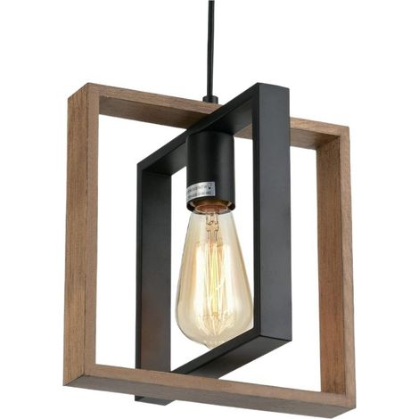 Suspension Luminaire Bois, Petit Lustre Suspendu Industriel, E27 Lustre Salon Noir Réglable en Hauteur (1/4)
