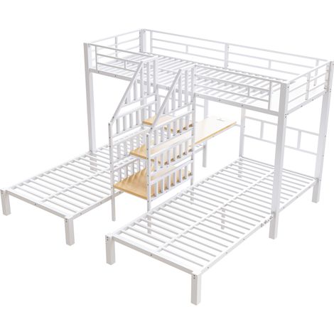 Litera infantil 90 x 200 cm blanco metal MDF, 3 camas, con escritorio y estante (1/5)