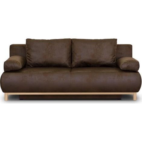 Canapé convertible - 3 places - MIKA - Tissu vintage cuir vieilli Marron foncé - Coffre - 192 x 84 x 93 cm