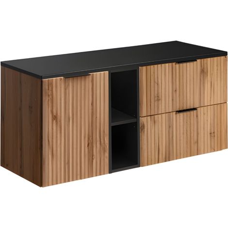 Set da bagno NOXERA 120 cm – Quercia wotan e nero opaco – piano per lavabo con cesto per la biancheria e nicchie