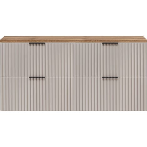 Furnidea - Meuble sous vasque à suspendre FLOW cachemire avec le plan chêne wotan 120 cm - 4 tiroirs - façades rainurées (1/5)