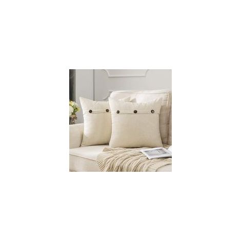 Lot de 2 Housses de Coussin en Lin avec Boutons Décoratifs, 45x45cm, Blanc Crème, Style Élégant pour Canapé et Salon (1/4)