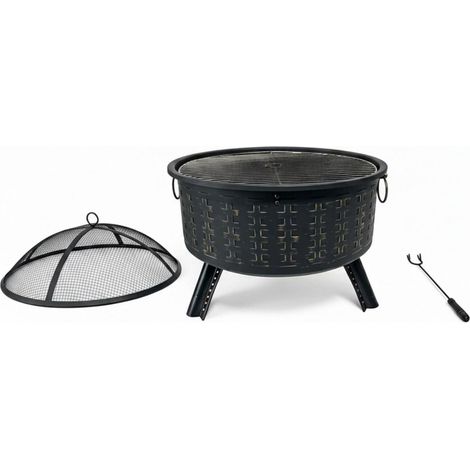 Brasero polyvalent extérieur avec grille barbecue 62 x 66 cm pare-étincelles décoratif en acier noir (1/4)