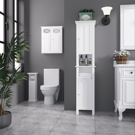 Meuble de salle de bain avec porte-papier toilette et armoire en MDF, 21,5 x 17,8 x 66,5 cm, blanc (1/5)