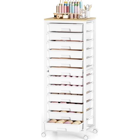 Chariot à roulettes avec 12 tiroirs et Plateau en Bois, Blanc Chariot à roulettes grande capacité, idéal pour l'organisation à la maison et au bureau, cuisine, salon, chambre à coucher (1/5)