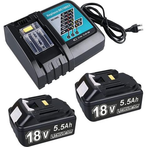 2pcs 18V 5.5Ah Batterie pour 18V Batterie avec Chargeur Compatible avec BL1850 BL1850B BL1860 BL1840 BL1830 BL1820 Chargeur DC18RC DC18RD (1/5)